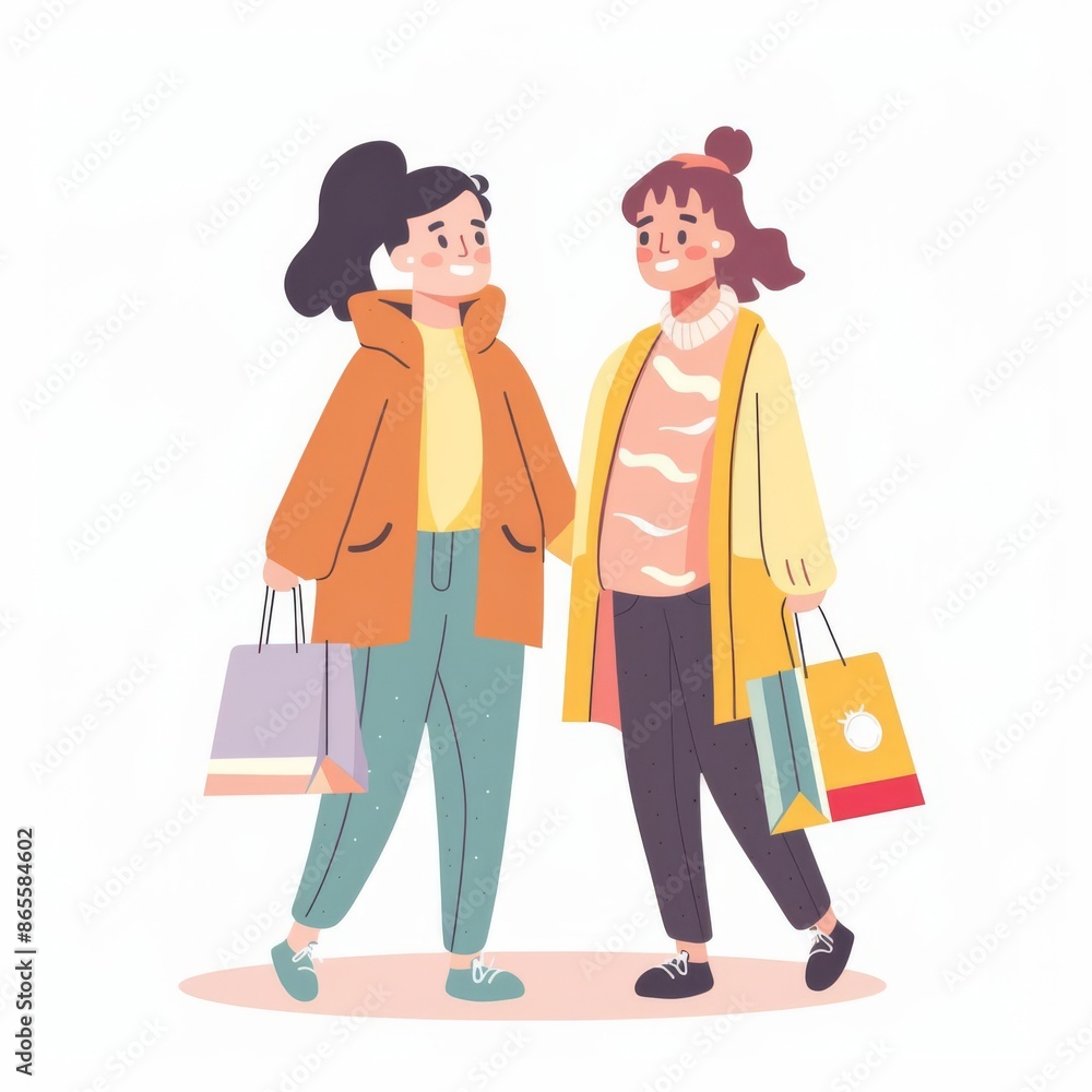 Charming flat illustration in kawaii style of two female friends, one chubby and one skinny, having fun shopping on a white background Charming flat illustration in kawaii style of two female friends, one chubby and one skinny, having fun shopping on a white background