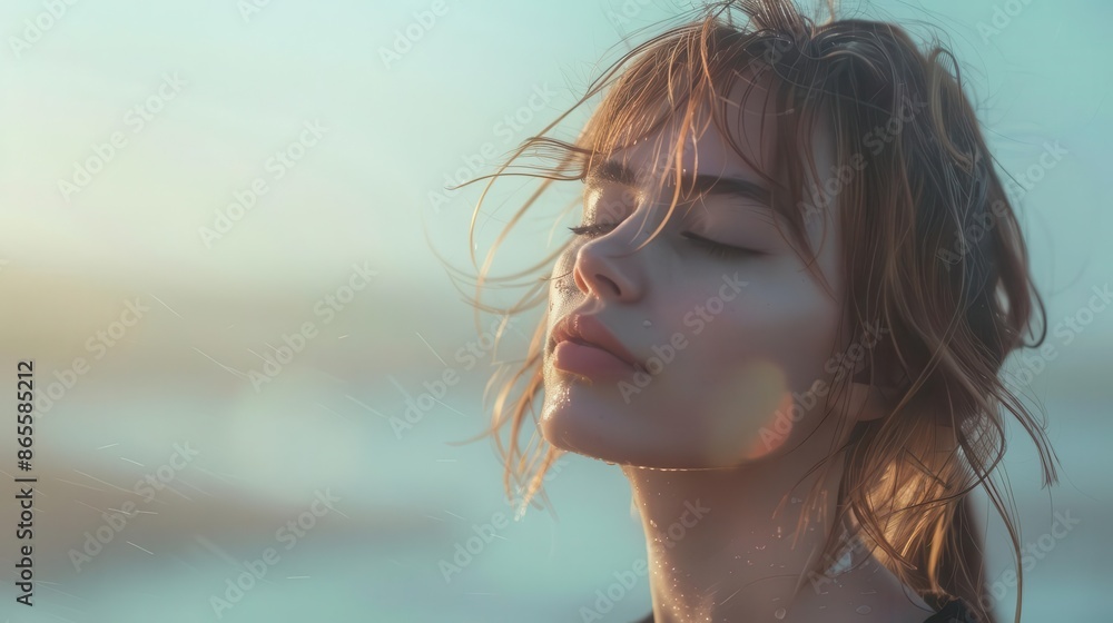 ethereal portrait of woman with wet hair on misty beach at dawn eyes closed in blissful meditation soft pastel colors ethereal portrait of woman with wet hair on misty beach at dawn eyes closed in blissful meditation soft pastel colors