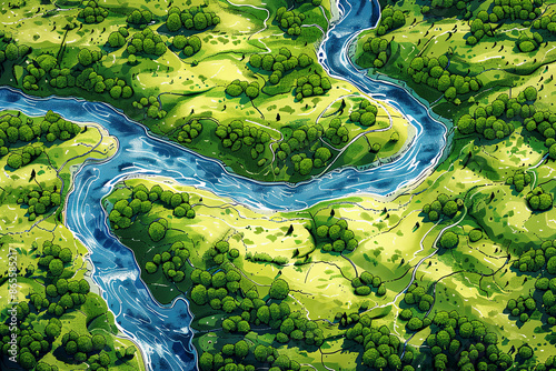 Aerial View of a Winding River Through Lush Green Forest Landscape photo