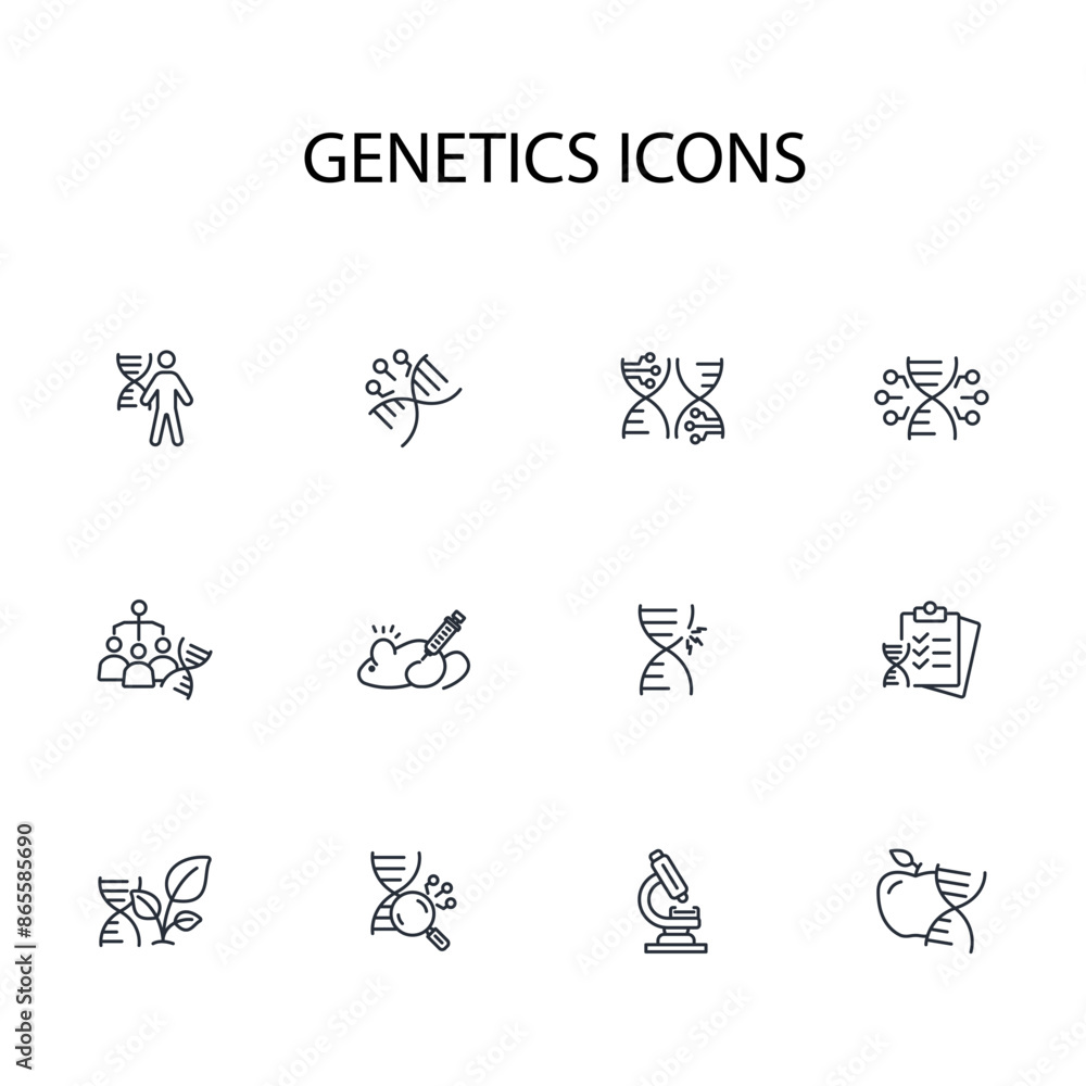 Genetics icon set.vector.Editable stroke.linear style sign for use web design,logo.Symbol illustration. Genetics icon set.vector.Editable stroke.linear style sign for use web design,logo.Symbol illustration.