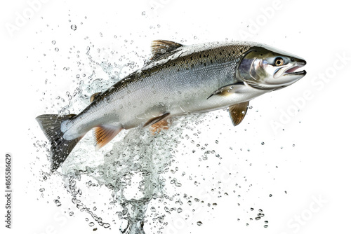 A salmon mid-leap, water droplets around, isolated on white