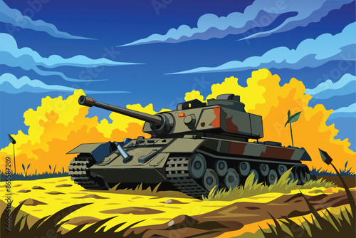 A destroyer battle field tank ready for attack, a tank in a yellow field.