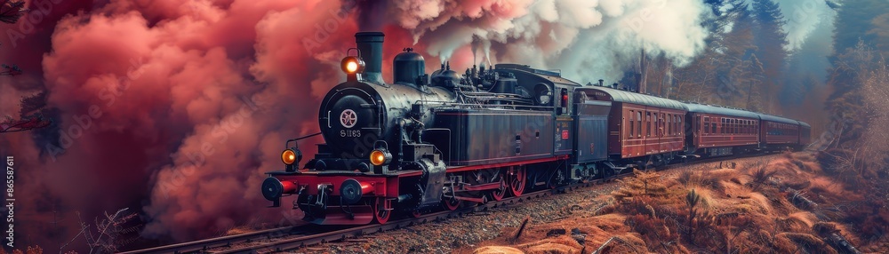 Naklejka premium Vintage steam powered railway train in red smoke
