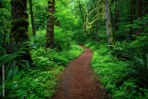 Hiking Trail in Lush Forest with Pacific Northwest Greens. Nature Landscape with Trees and Green Wood Path