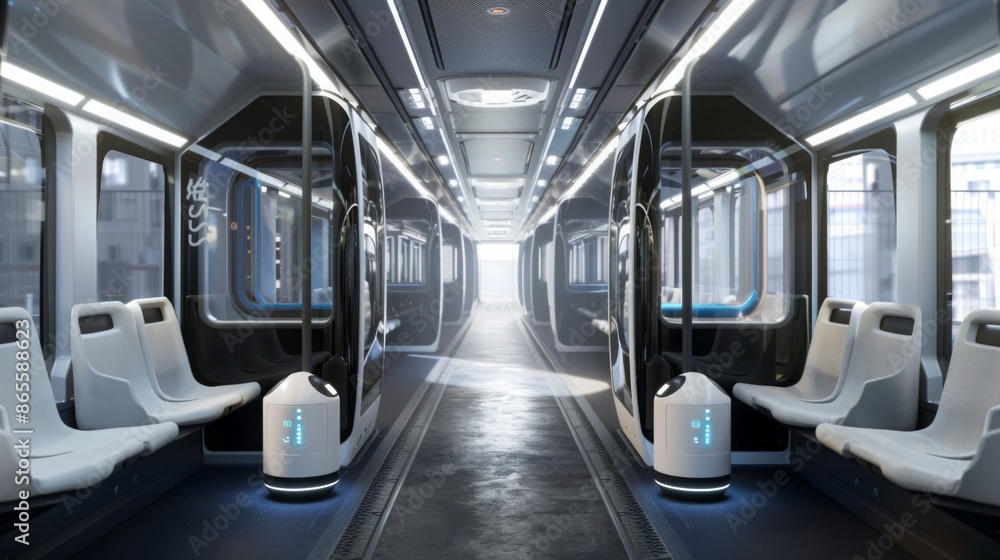 Fototapeta premium A modern train interior with white seats, an aisle, and windows looking out on the city.