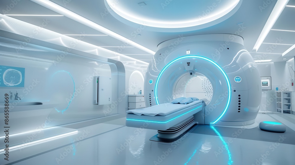 futuristic mri machine in sleek white room glowing blue accents patient bed sliding into cylindrical scanner futuristic mri machine in sleek white room glowing blue accents patient bed sliding into cylindrical scanner