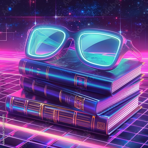 Book club poster in a retro 80s synthwave style, featuring books with neon signs and oldschool synthesizer visuals