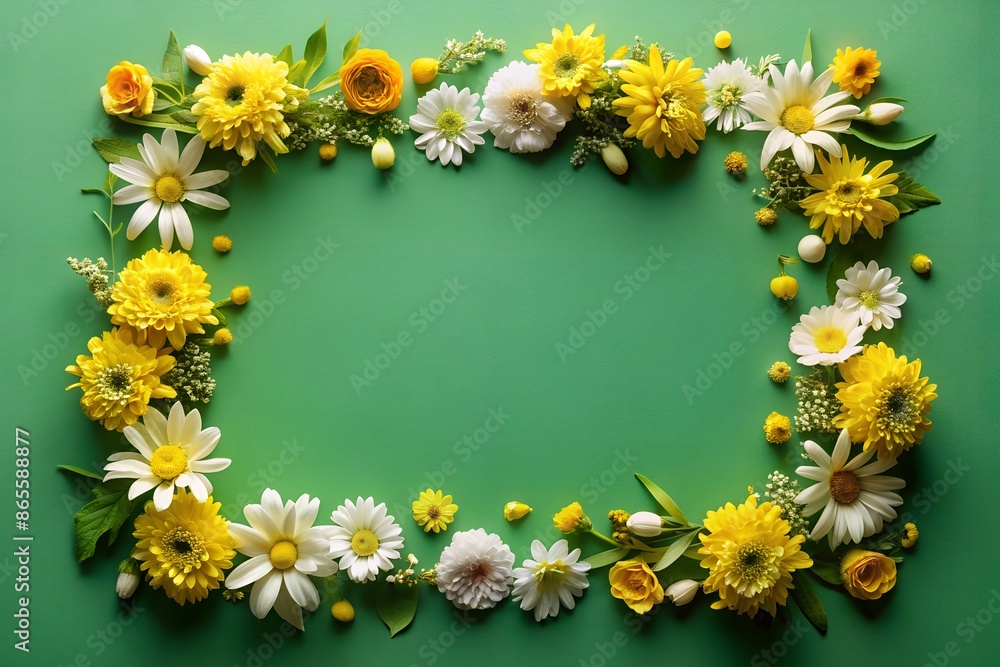 A frame made of yellow and white flowers on a green background A frame made of yellow and white flowers on a green background