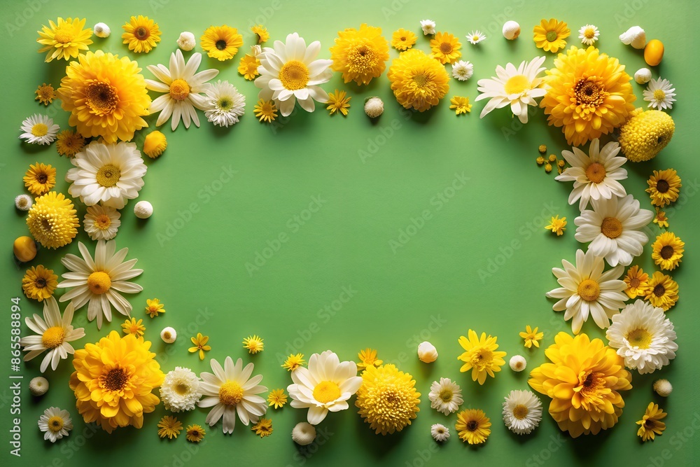 Fototapeta premium A frame made of yellow and white flowers on a green background