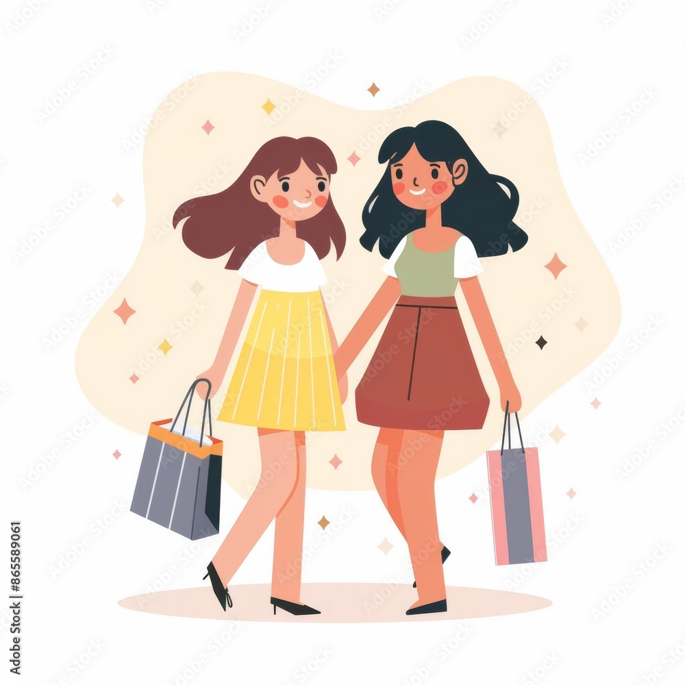 Enchanting flat illustration in kawaii style of two female friends, one chubby and one skinny, shopping joyously on a white background Enchanting flat illustration in kawaii style of two female friends, one chubby and one skinny, shopping joyously on a white background