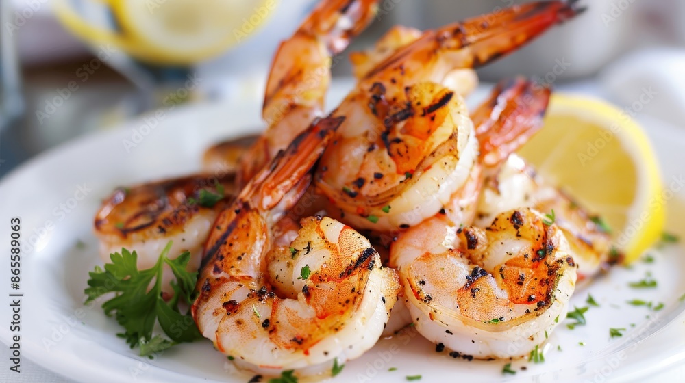 Exquisite presentation of succulent grilled shrimp showcased on a pristine white plate Exquisite presentation of succulent grilled shrimp showcased on a pristine white plate