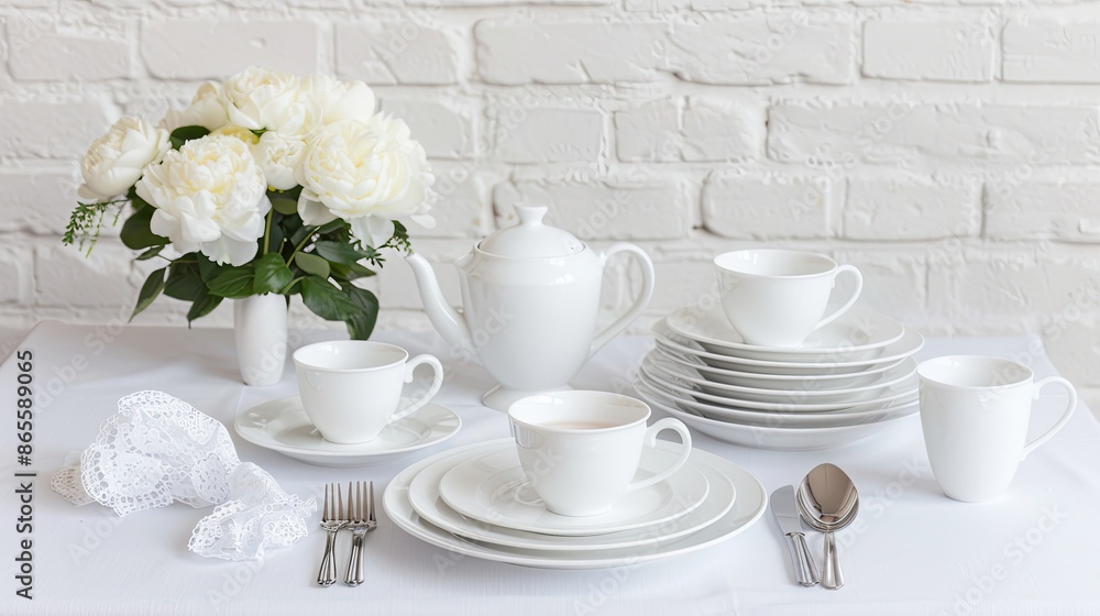 A set of white porcelain dinnerware, including plates, cups, saucers, a teapot, and a sugar bowl, arranged on a white table in front of a white brick wall A set of white porcelain dinnerware, including plates, cups, saucers, a teapot, and a sugar bowl, arranged on a white table in front of a white brick wall