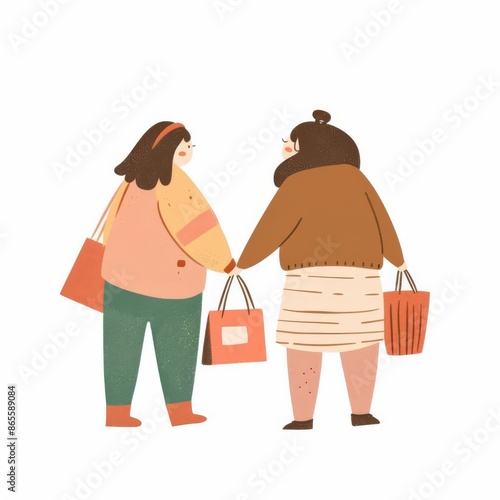 Enchanting flat illustration in kawaii style of two female friends, one chubby and one skinny, shopping joyously on a white background