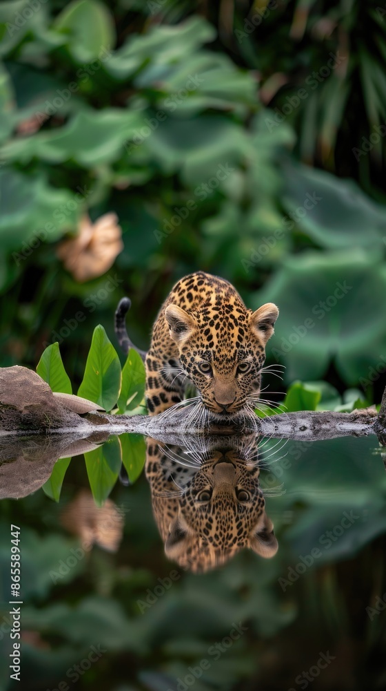 Obraz premium A Leopard looks intently at its reflection in a puddle of water in a lush green environment