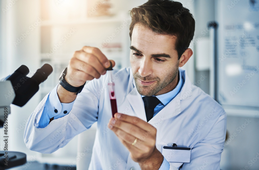Man, scientist and blood sample in laboratory for test of disease, medical research and diagnostic study for virus. Male doctor, hemoglobin and pathology investigation for clinical trial and analysis Man, scientist and blood sample in laboratory for test of disease, medical research and diagnostic study for virus. Male doctor, hemoglobin and pathology investigation for clinical trial and analysis