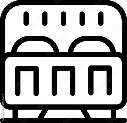 Black and white icon of a train car arriving at the station with seats for passengers
