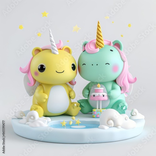 Delightful 3D kawaii rendering of a frog and unicorn together, selecting designer goods amidst a white scenic background © Melon