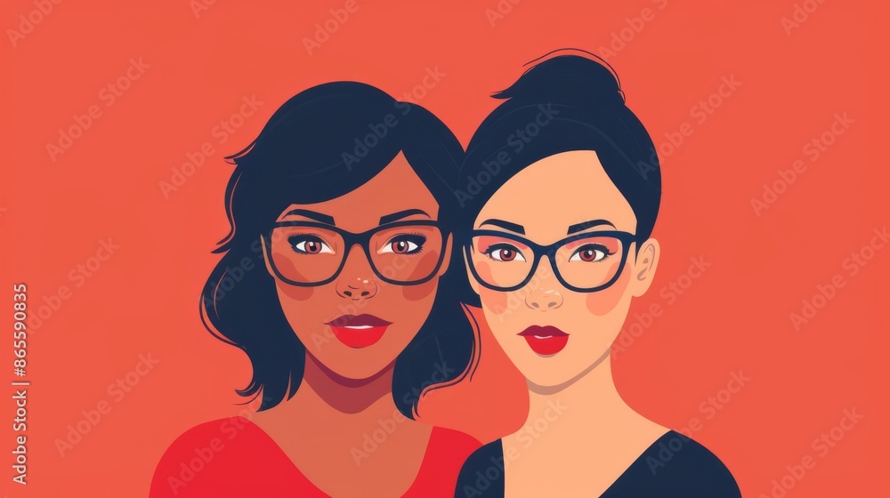 Delightful flat design of two female friends faces, one chubby with glasses and the other elegantly made up, both sharing a happy moment Delightful flat design of two female friends faces, one chubby with glasses and the other elegantly made up, both sharing a happy moment