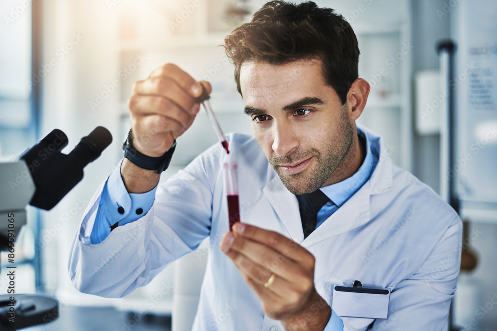 Man, scientist and blood sample in laboratory for research of disease, medical study and diagnostic test for virus. Male doctor, hemoglobin and pathology investigation for clinical trial and analysis Man, scientist and blood sample in laboratory for research of disease, medical study and diagnostic test for virus. Male doctor, hemoglobin and pathology investigation for clinical trial and analysis