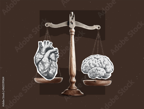 Scales with heart and brain. Feelings and logical thinking. Love and practicality. Concept of balance. Contemporary halftone collage banner in a retro futurism style.