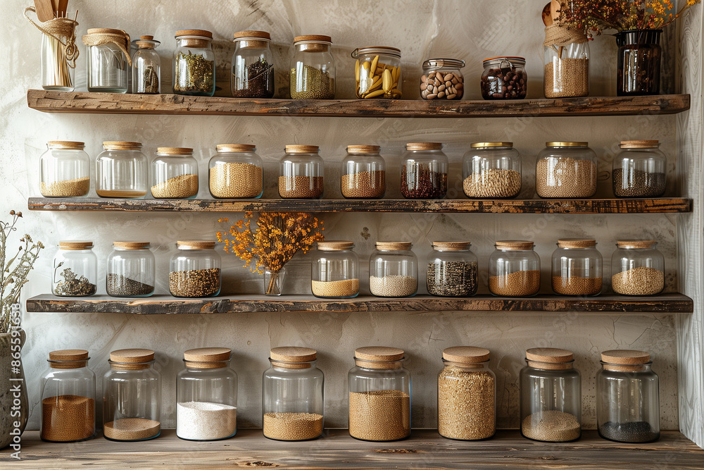 Wooden kitchen shelves with glass jars of dry food and dried plants, natural light from window, eco-friendly zero waste home interior concept. Wooden kitchen shelves with glass jars of dry food and dried plants, natural light from window, eco-friendly zero waste home interior concept.