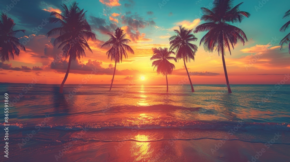 Silhouetted Palm Trees at Sunset on Tropical Beach Silhouetted Palm Trees at Sunset on Tropical Beach