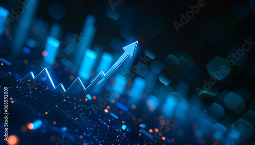 A blue arrow pointing upwards on an upward graph of stock market or growth chart, representing the concept of rising Phil.M Alvarez style.