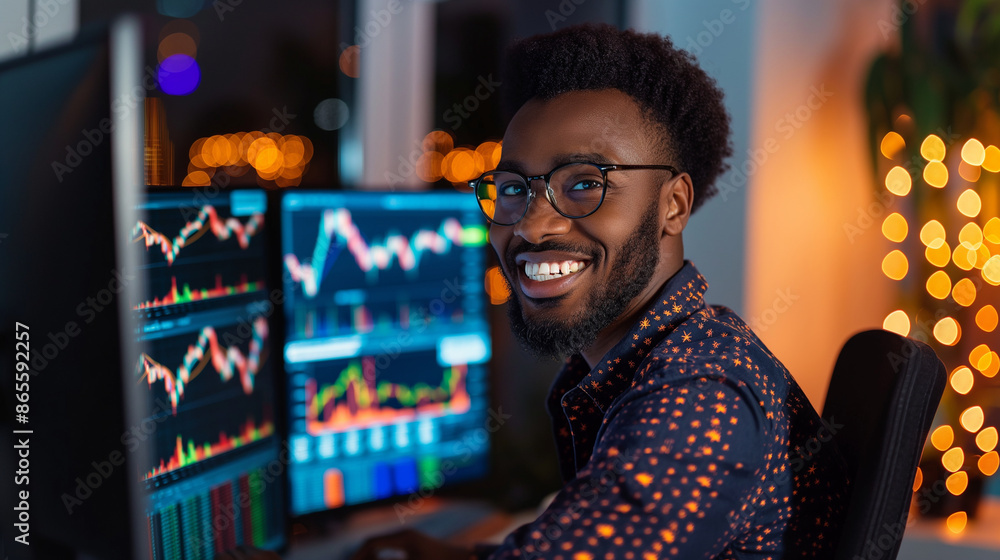 Obraz premium Individual smiling at a computer screen displaying rising stock prices, dynamic graphs and charts, upper third copy space