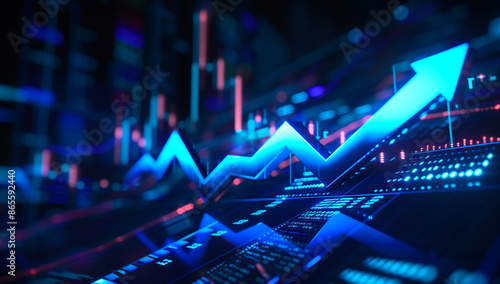 A blue arrow pointing upwards on an upward graph of stock market or growth chart, representing the concept of rising Phil.M Alvarez style.