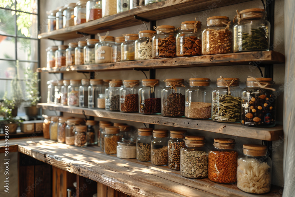 Wooden kitchen shelves with glass jars of dry food and dried plants, natural light from window, eco-friendly zero waste home interior concept. Wooden kitchen shelves with glass jars of dry food and dried plants, natural light from window, eco-friendly zero waste home interior concept.