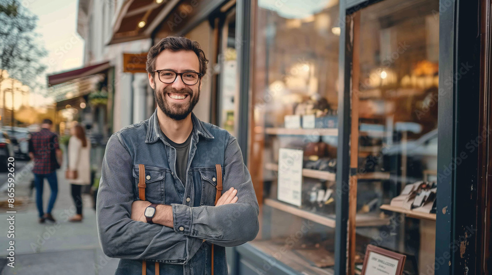 Business owner proudly standing in front of their thriving shop, bright storefront and bustling customers, left third copy space Business owner proudly standing in front of their thriving shop, bright storefront and bustling customers, left third copy space