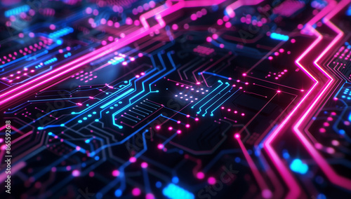 A close up of an intricate circuit board with neon lights, representing the complexity and technology behind artificial intelligence.