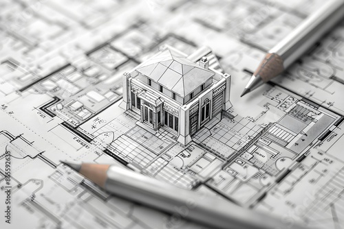 Architectural Blueprint with 3D House Model and Pencils