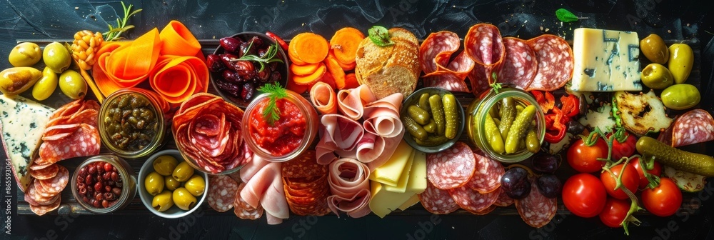 A vibrant charerie board filled with cured meats cheeses and highlighted by a jar of pickled vegetables preserved in avocado oil. A vibrant charerie board filled with cured meats cheeses and highlighted by a jar of pickled vegetables preserved in avocado oil.