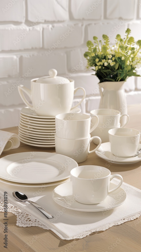 A set of white porcelain dinnerware, including plates, cups, saucers, a teapot, and a sugar bowl, arranged on a white table in front of a white brick wall A set of white porcelain dinnerware, including plates, cups, saucers, a teapot, and a sugar bowl, arranged on a white table in front of a white brick wall