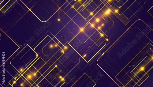A dark purple background with yellow neon lines and squares, representing the tech industry's technological impact.