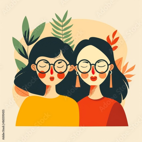 Engaging flat vector artwork of two female friends, one with a chubby face wearing glasses, the other with a perfectly madeup face, both happy together photo