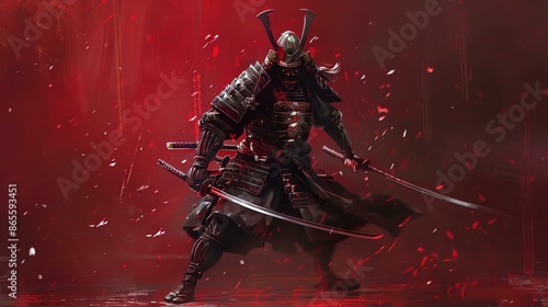 A samurai warrior dressed in black and red armor, with a fierce expression on his face, stands in a dynamic pose, ready to attack.