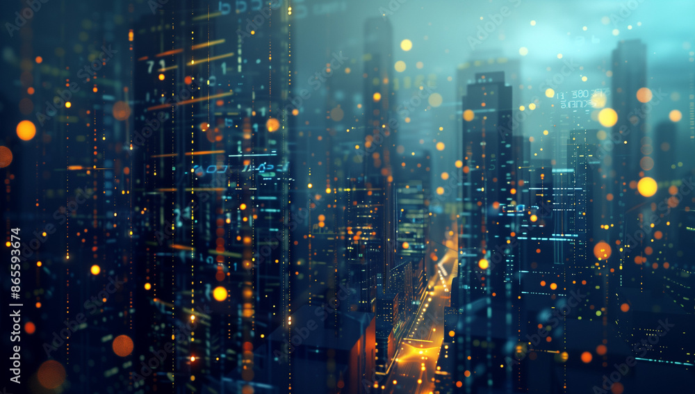 Obraz premium A digital cityscape with glowing lines representing data streams, representing the interconnected nature of technology and urban life.