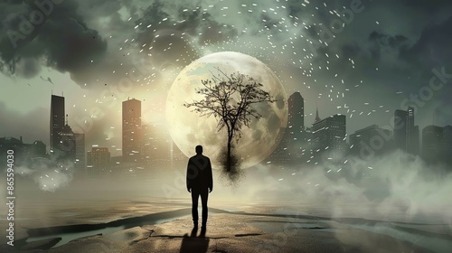 The full moon rises over a city. A man stands in the foreground, looking at the moon. The city is in ruins. © Design