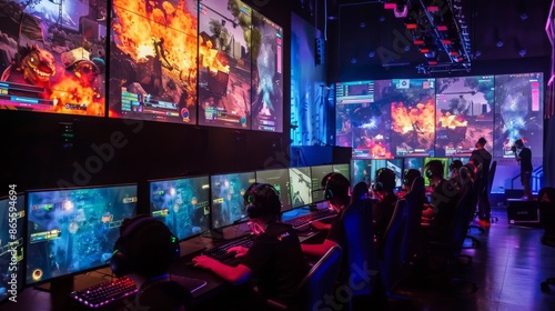 A group of gamers compete in an esports tournament, focused intently on their screens. The action-packed games are displayed on large monitors, creating a vibrant and energetic atmosphere. photo