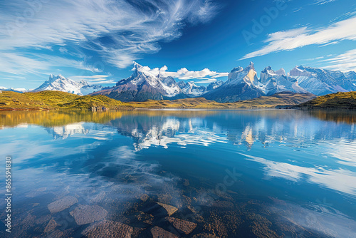 Clear reflections of the Torres del Paine mountains in a calm lake, Chile © Venka
