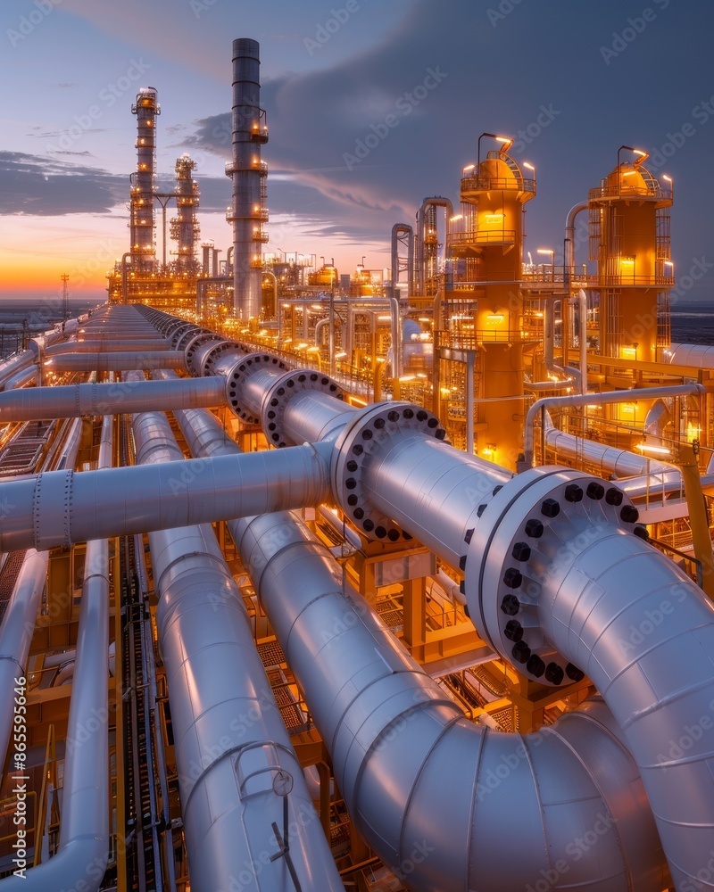 Industrial Beauty: Oil Refinery at Sunset Showcasing Crude Oil Production Process. Realistic Wide-Angle Shot with Copy Space. Industrial Beauty: Oil Refinery at Sunset Showcasing Crude Oil Production Process. Realistic Wide-Angle Shot with Copy Space.