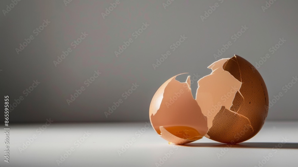 Broken eggshell on a white surface with shadows, minimalistic concept Broken eggshell on a white surface with shadows, minimalistic concept