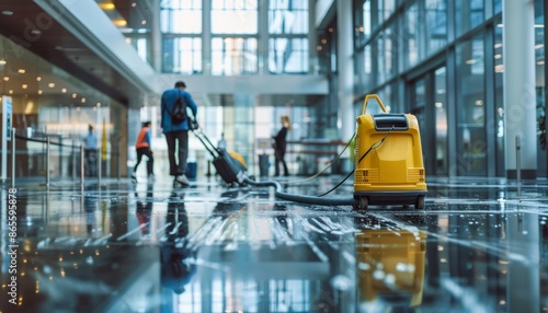 Professional cleaners using vacuum in large office space with people in background © Mikki Orso