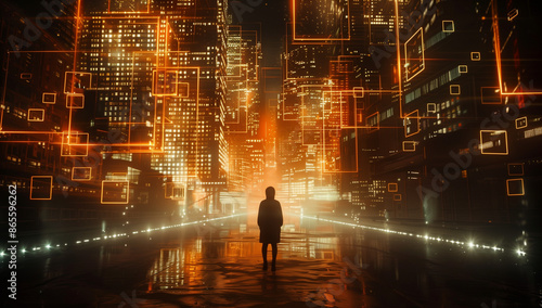A man walks on an endless road made of digital code, illuminated by orange and blue lights. The background is filled with glowing symbols representing data flow.