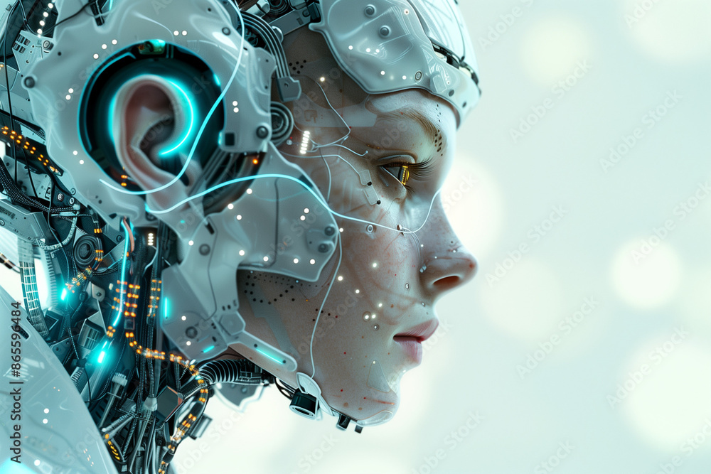 A profile view of an AI robot head with circuitry and digital elements, set against a white background with futuristic design elements. A profile view of an AI robot head with circuitry and digital elements, set against a white background with futuristic design elements.