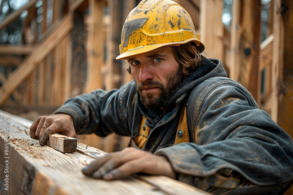 Focused Carpenter Working on a Wooden Structure Focused Carpenter Working on a Wooden Structure
