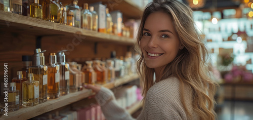 Smiling beautiful seller, assistant or buyer near the shelves of cosmetics and perfumes. Demonstration or purchase of perfumes, eau de toilette.