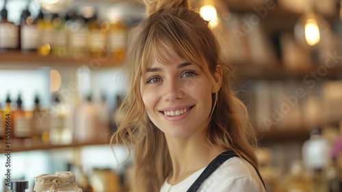 Smiling beautiful seller, assistant or buyer near the shelves of cosmetics and perfumes. Demonstration or purchase of perfumes, eau de toilette.